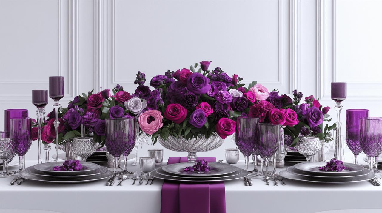 Les secrets d’une decoration de table parme, fuchsia et gris pour un diner romantique inoubliable